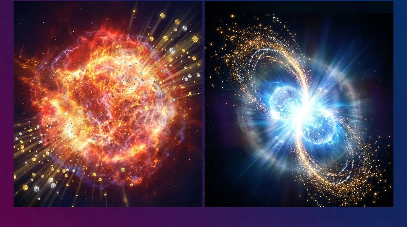 초신성 폭발(좌)과 중성자별 충돌(우) — 금과 은이 탄생하는 두 가지 우주적 사건